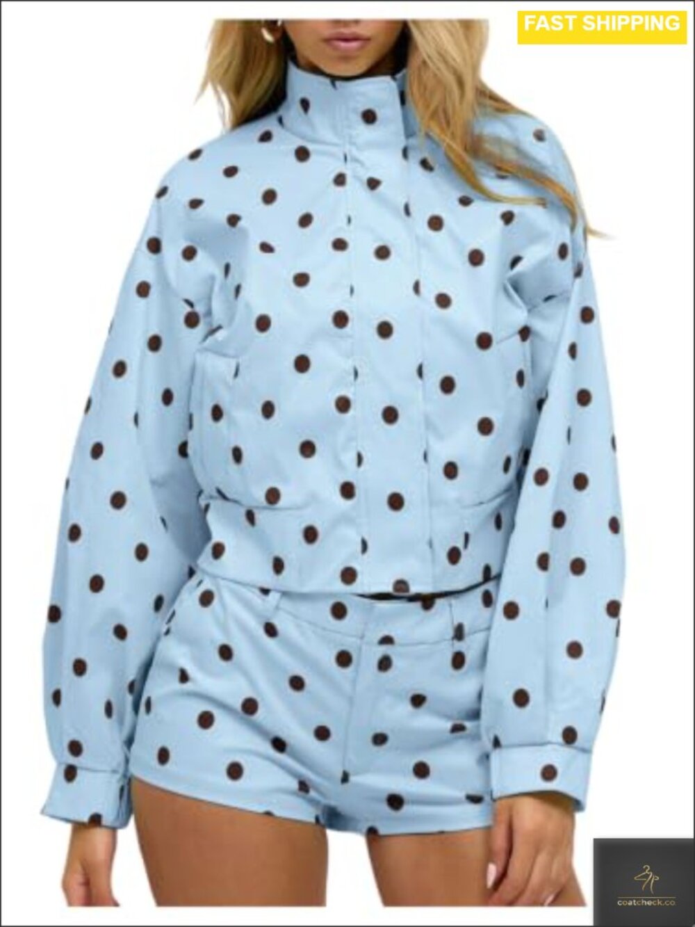 Women's Polka Dot Cropped Jacket Stand Neck Long Sleeve Y2K Co